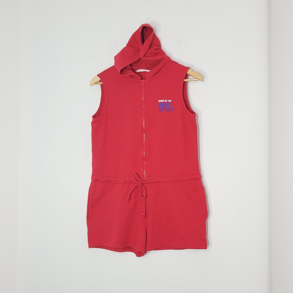 Bluenotes Womens Red Zip-Up 90s Tie  Sleeveless Hooded Romper Pockets Size Small